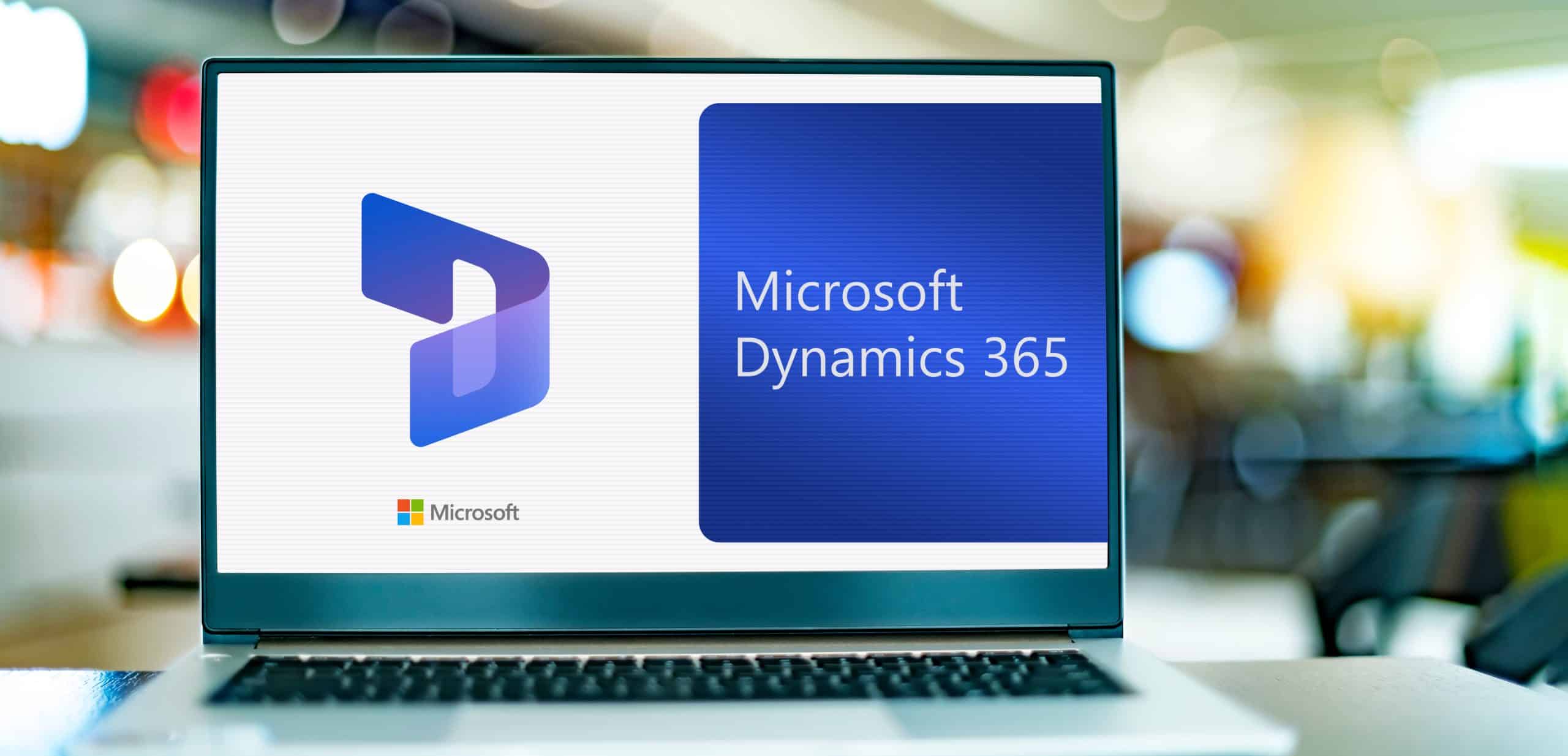 POZNAN, POL -APR 9, 2022: Laptop computer displaying logo of Microsoft Dynamics 365, a product line of enterprise resource planning and customer relationship management intelligent business apps